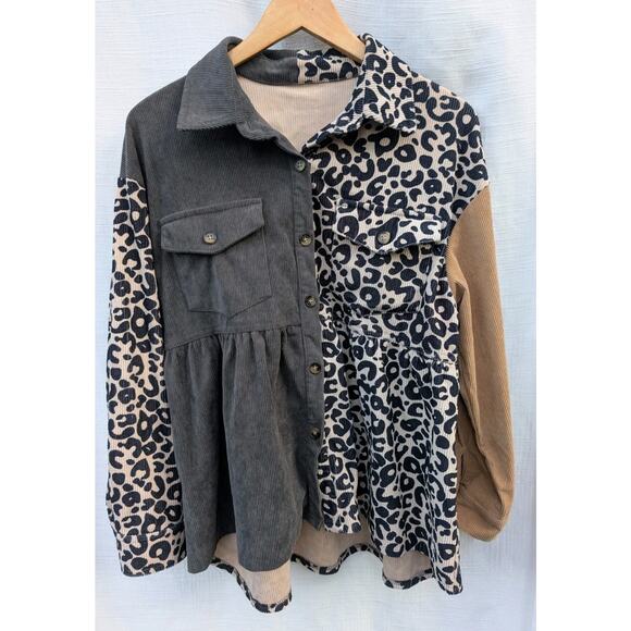 Azura Exchange Women's Leopard Color Block Cordory Shacket Shirt Jacket Sz L - Picture 2 of 5